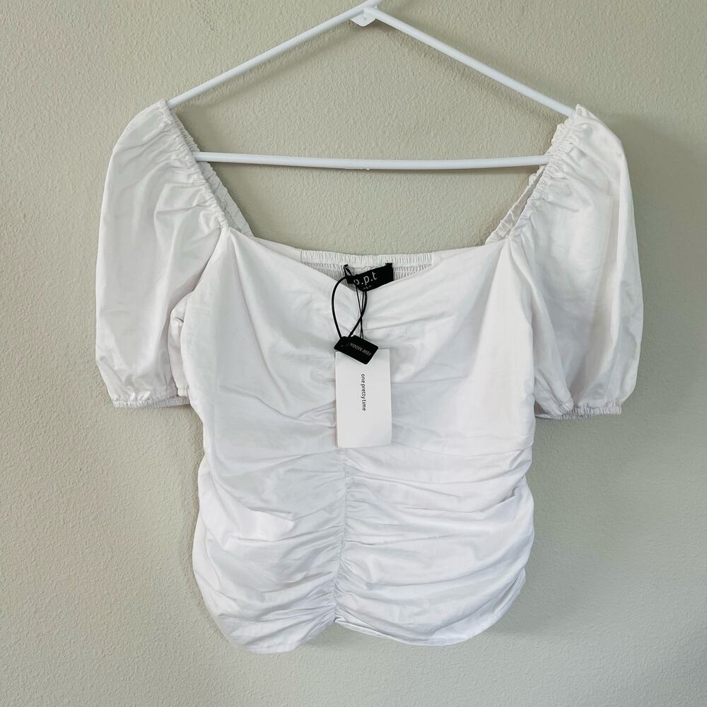 NWT O.P.T. White Shirred Ruched Puff Sleeve Blouse (L)
